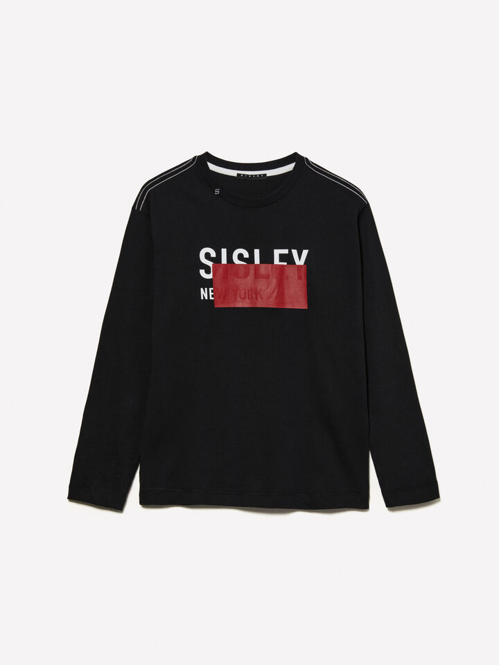 Black t-shirt with embossed print - boys' long sleeve t-shirts - Black | Sisley Young image number 1